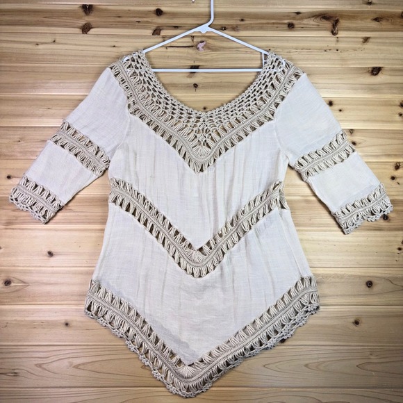 Elan Tops - Elan Shirt Womens Medium Cream Crocheted 3/4 Sleeve Boho Peasant Blouse
